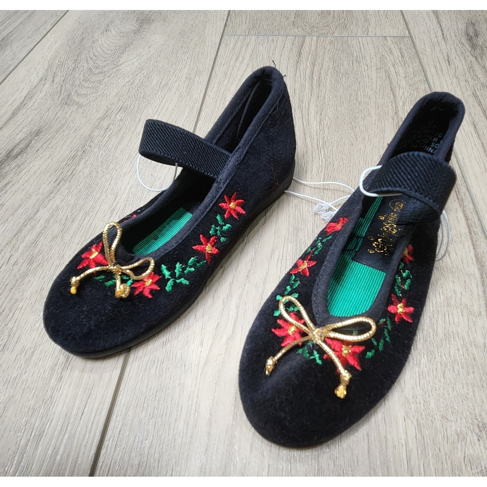 Tinsel Toes Girls Black Velvet Floral Embroidered Mary‎ Jane Flats Size 9 NEW